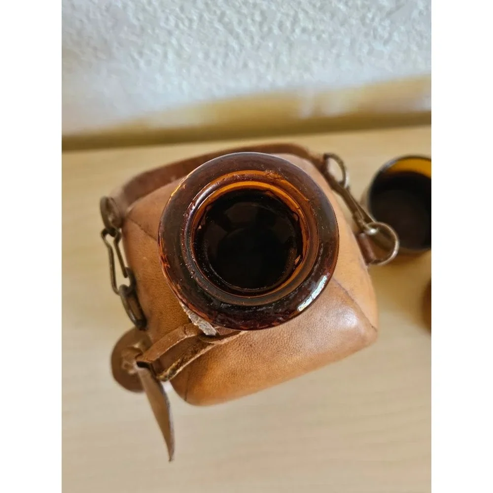 Vintage Leather Wrapped Amber Glass Decanter and 3 Shot Glasses Barware Set
